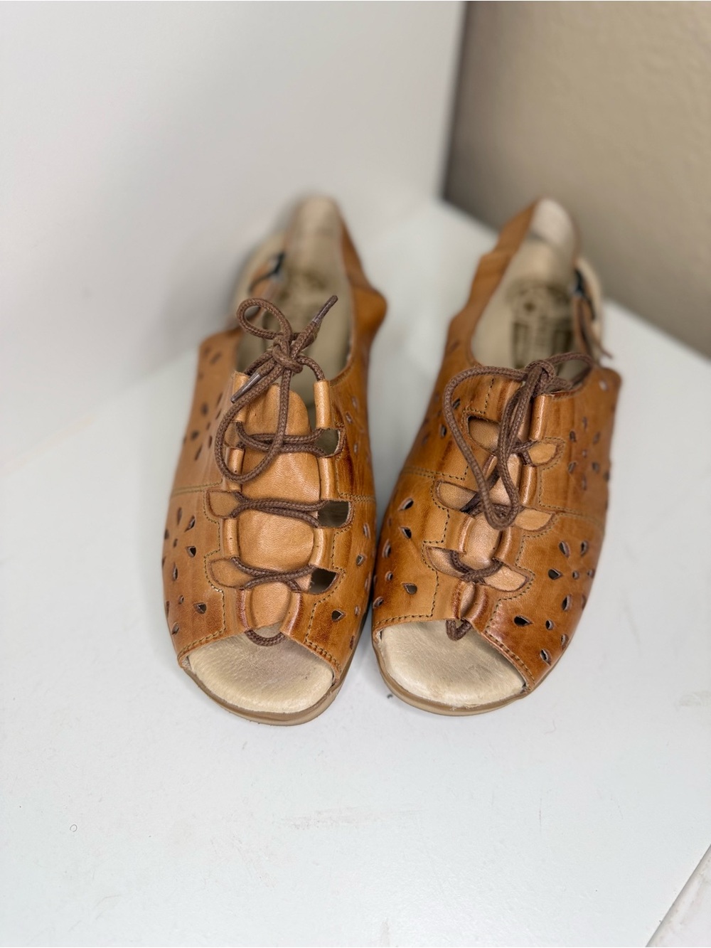 Vintage Worishofer West Germany Tan Leather Lace Up Wedge Sandals EU 37 Boho